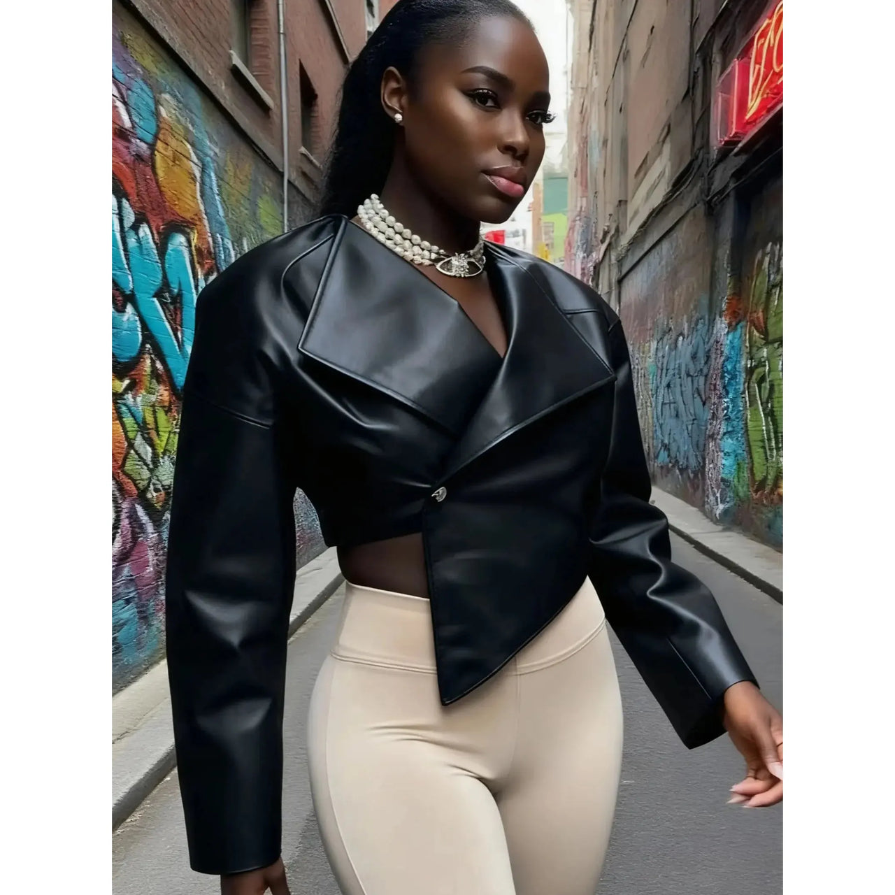Deep Faux Leather Single Button Crop Jacket for Women - Autumn Trendy