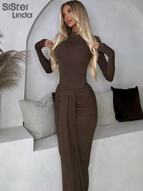 Earthtone Round Neck Patchwork Ruched Long Sleeve Maxi Dress