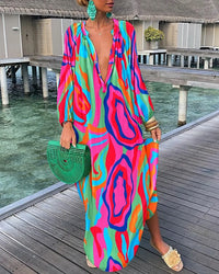 Elegant Retro Print Maxi Dress – Summer Casual V-Neck Fashion for Women - Modestly Vogue