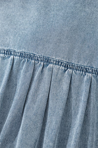 Real Teal Bowknot Neck Sleeveless Ruffled Chambray Dress - Modestly Vogue