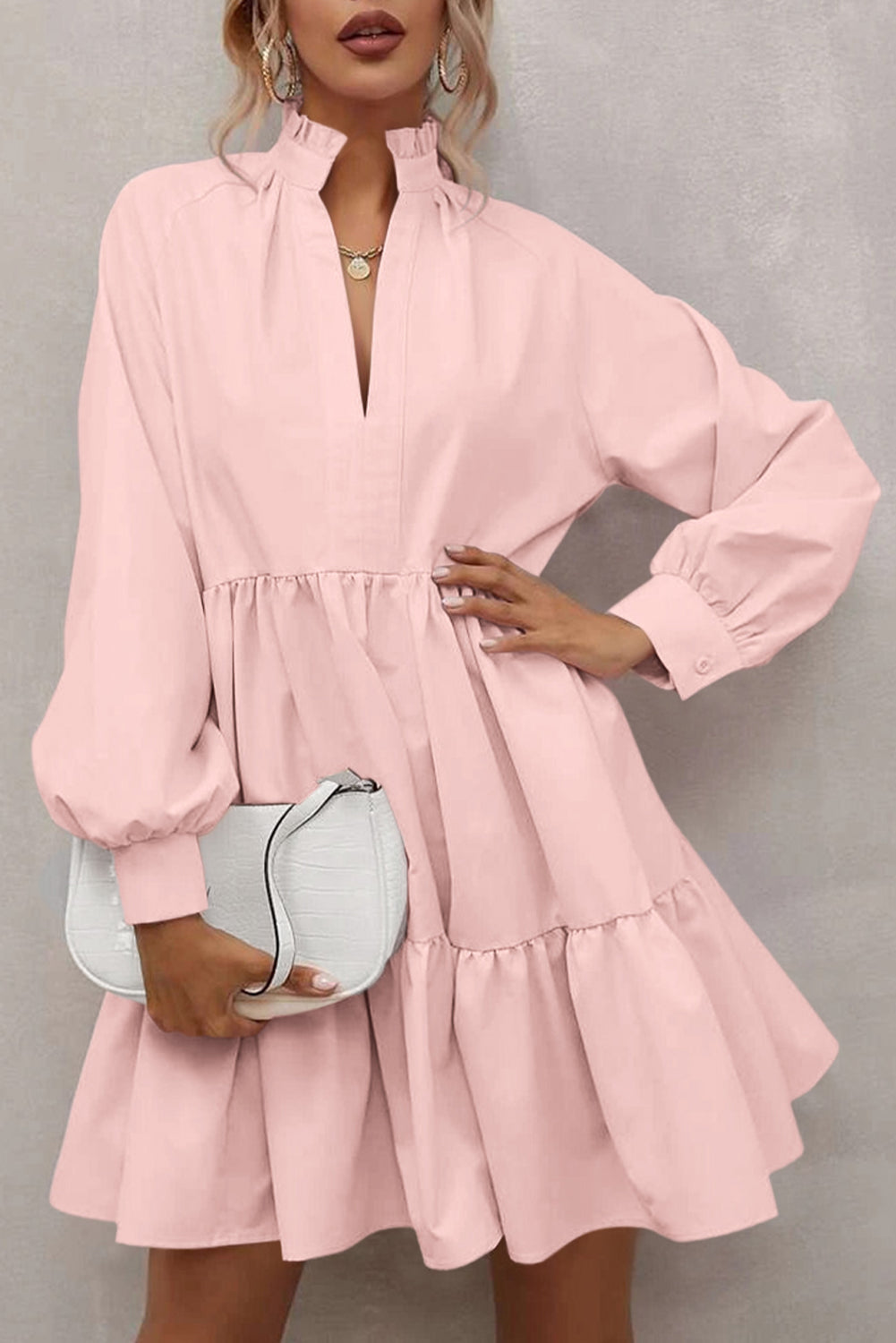 Pink Frilled Stand Collar Long Sleeve Ruffle Dress - Modestly Vogue