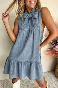Real Teal Bowknot Neck Sleeveless Ruffled Chambray Dress - Modestly Vogue