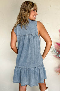 Real Teal Bowknot Neck Sleeveless Ruffled Chambray Dress - Modestly Vogue