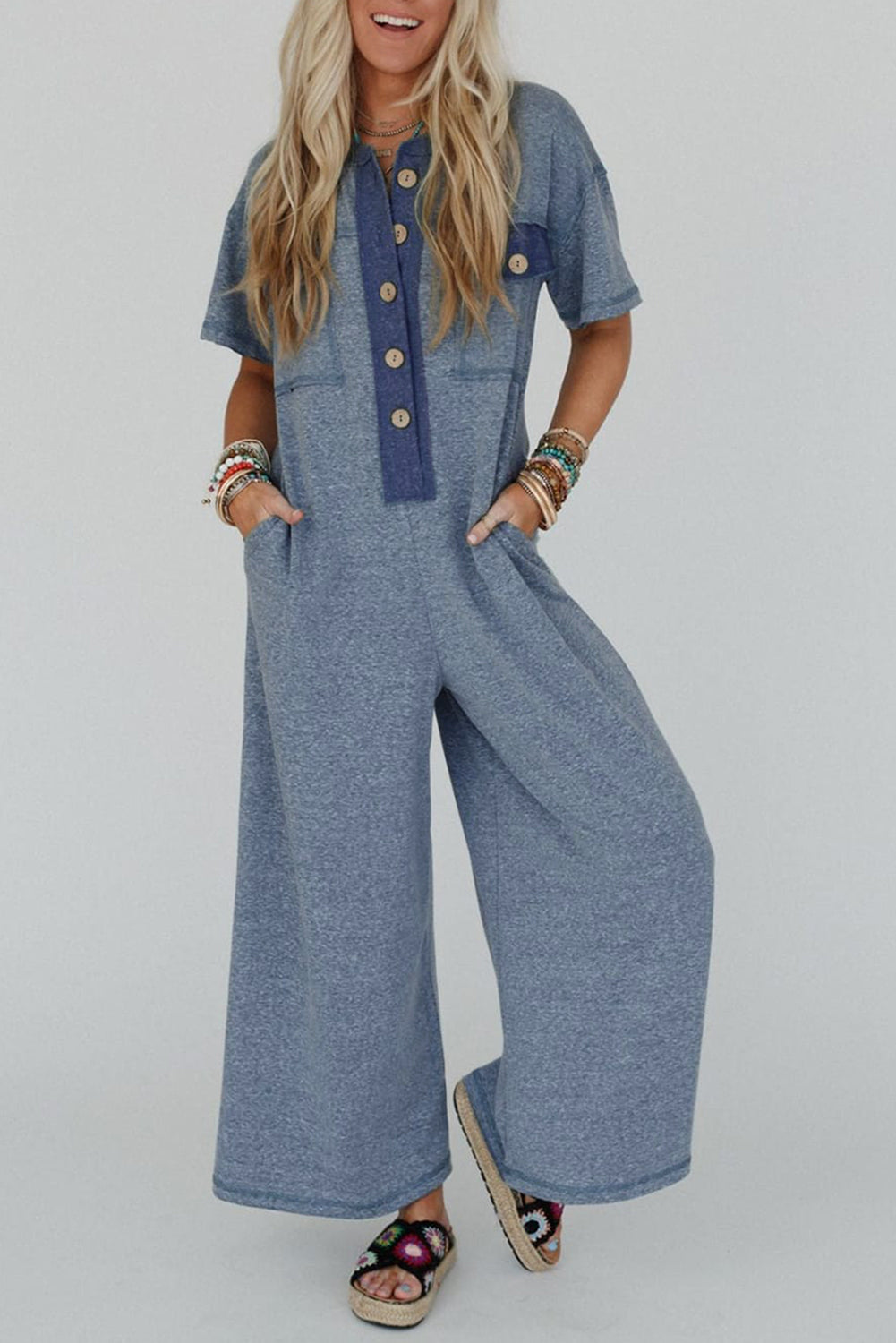 Beau Blue Half Placket Chest Pockets Short Sleeve Wide Leg Jumpsuit - Modestly Vogue