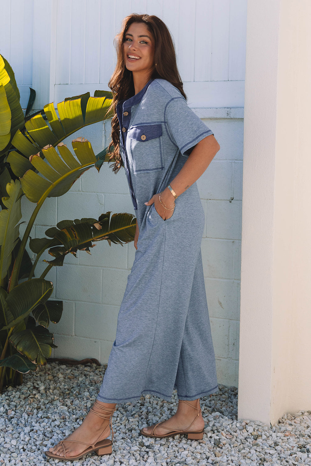 Beau Blue Half Placket Chest Pockets Short Sleeve Wide Leg Jumpsuit - Modestly Vogue