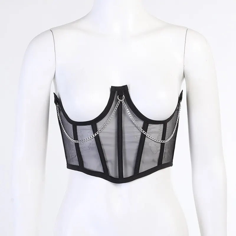 Corset Under bust Punk Metal Chain Black Women Top Belt