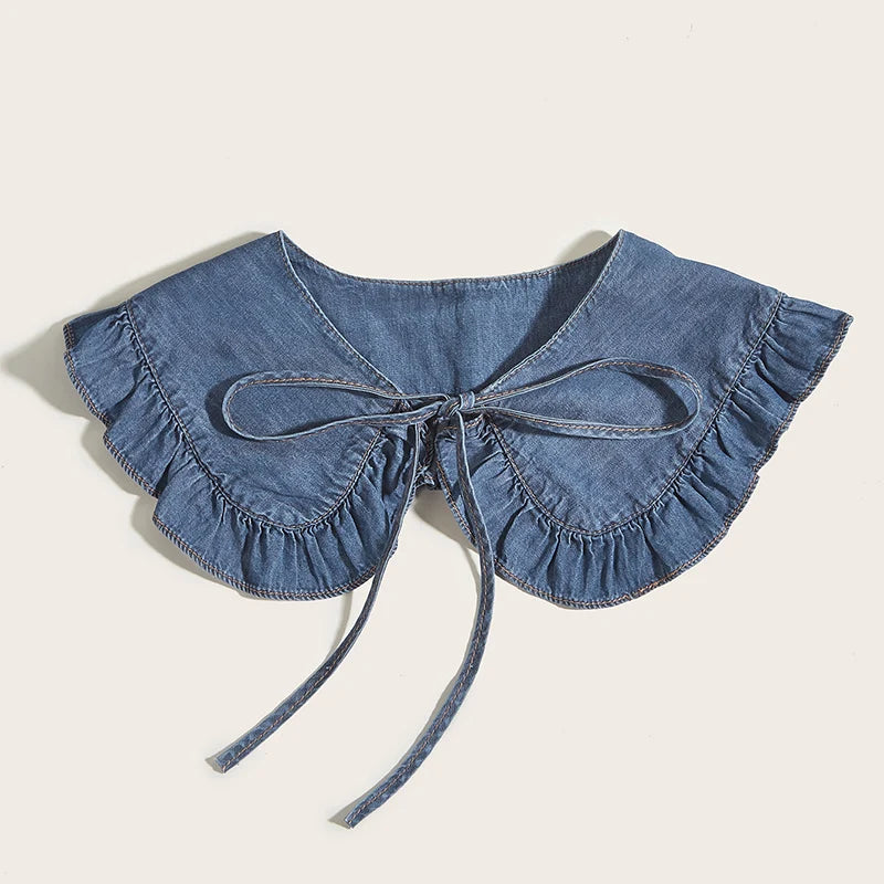 Women's Washed Denim Shawl Collar with Pleated Lace and Fashionable