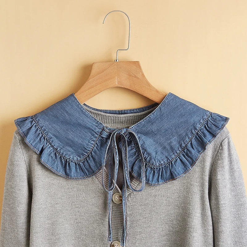 Women's Washed Denim Shawl Collar with Pleated Lace and Fashionable
