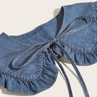Women's Washed Denim Shawl Collar with Pleated Lace and Fashionable