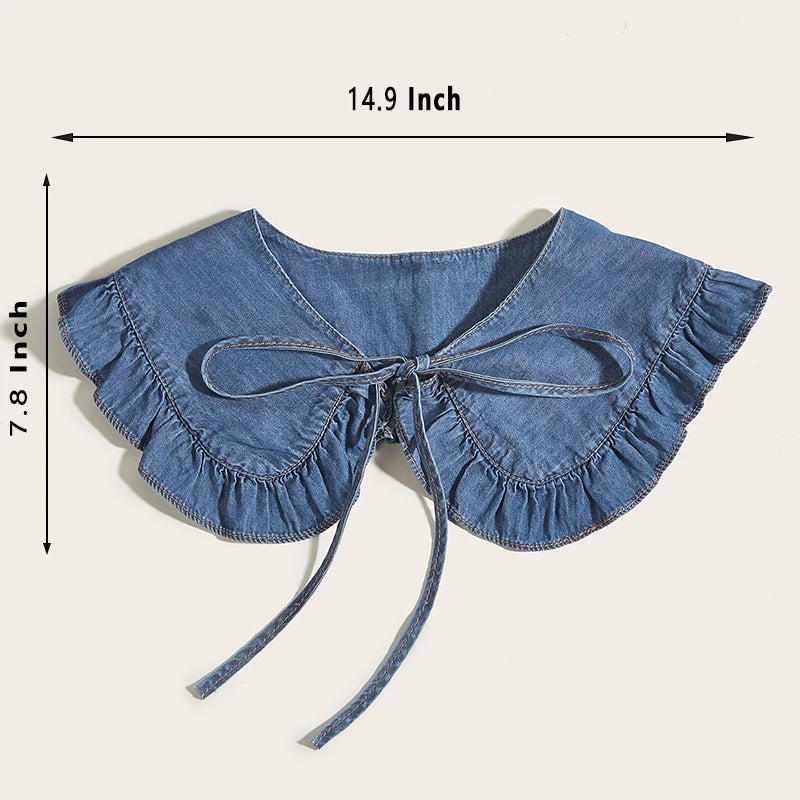 Women's Washed Denim Shawl Collar with Pleated Lace and Fashionable