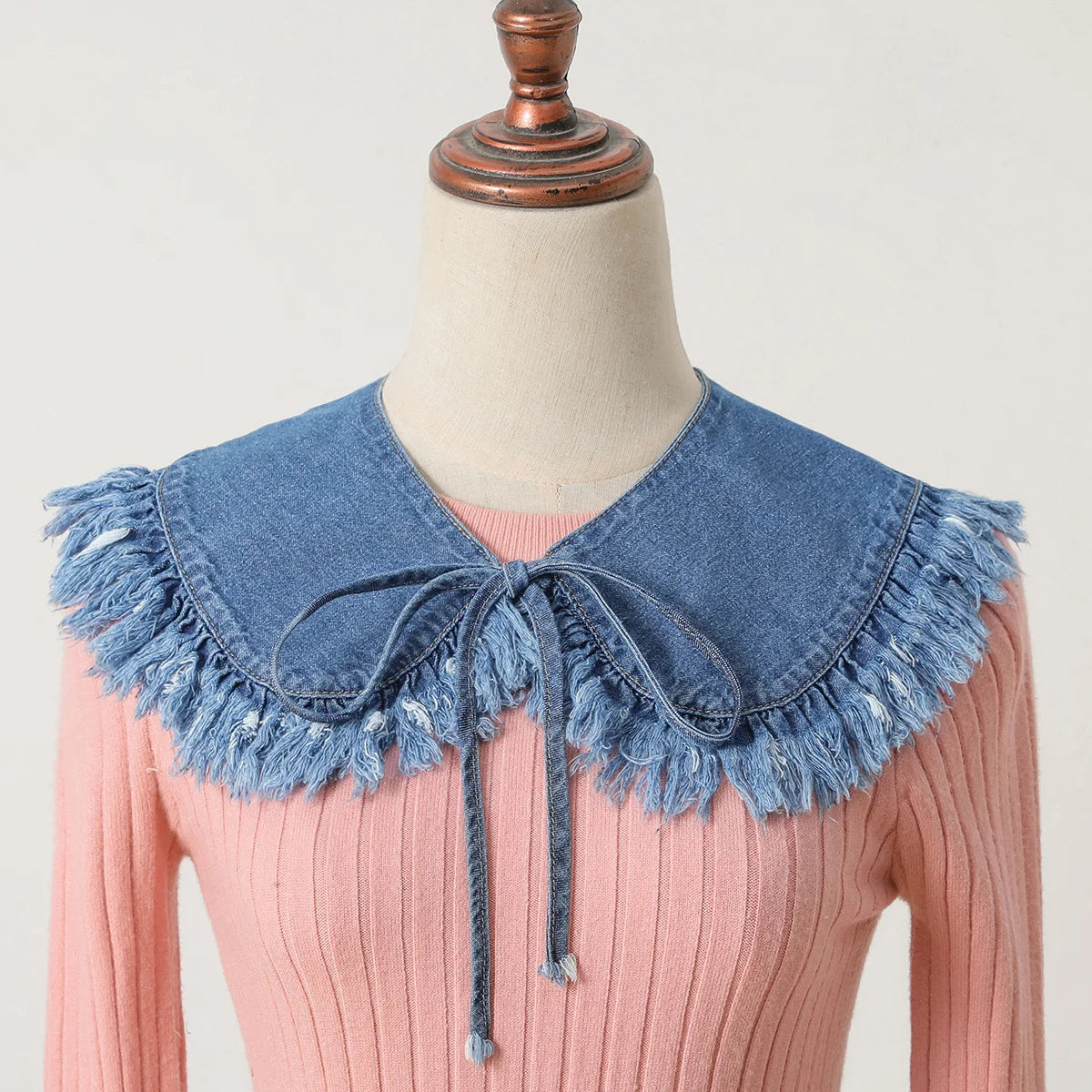 Women's Washed Denim Shawl Collar with Pleated Lace and Fashionable