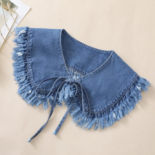 Women's Washed Denim Shawl Collar with Pleated Lace and Fashionable