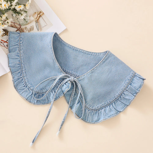 Women's Washed Denim Shawl Collar with Pleated Lace and Fashionable