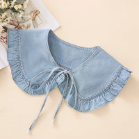 Women's Washed Denim Shawl Collar with Pleated Lace and Fashionable