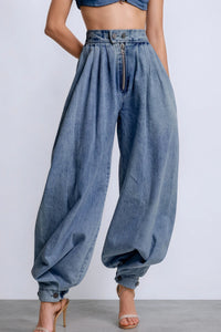 Women Cargo Jeans Casual High Rise Zipper Denim Bloomers Pants Loose