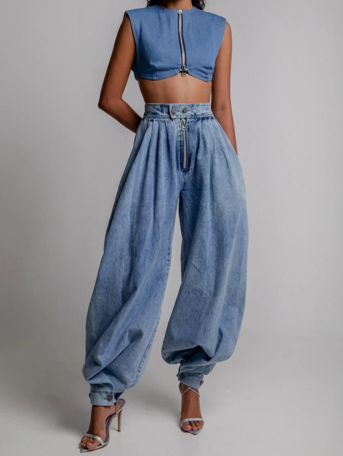 Women Cargo Jeans Casual High Rise Zipper Denim Bloomers Pants Loose