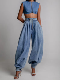 Women Cargo Jeans Casual High Rise Zipper Denim Bloomers Pants Loose