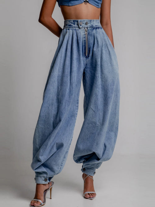 Women Cargo Jeans Casual High Rise Zipper Denim Bloomers Pants Loose