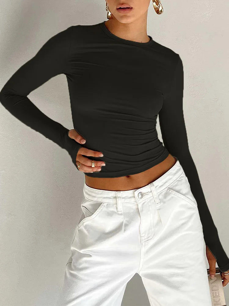 Women's Long Sleeve T-shirt - Solid Slim Fit Crew Neck Crop Top