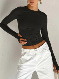 Women's Long Sleeve T-shirt - Solid Slim Fit Crew Neck Crop Top