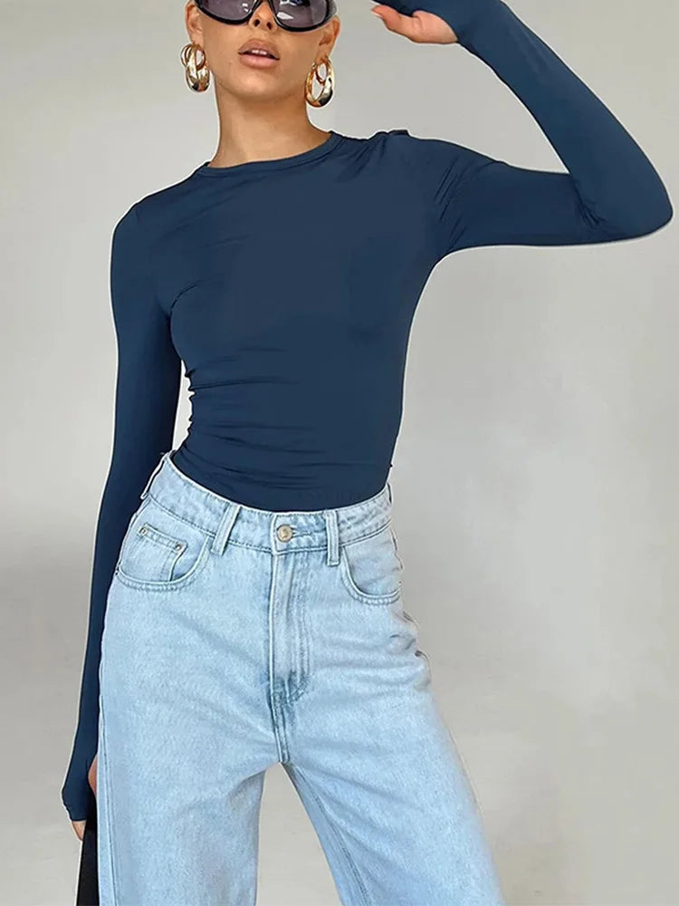 Women's Long Sleeve T-shirt - Solid Slim Fit Crew Neck Crop Top