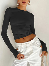 Women's Long Sleeve T-shirt - Solid Slim Fit Crew Neck Crop Top
