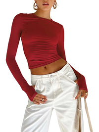 Women's Long Sleeve T-shirt - Solid Slim Fit Crew Neck Crop Top