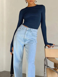 Women's Long Sleeve T-shirt - Solid Slim Fit Crew Neck Crop Top