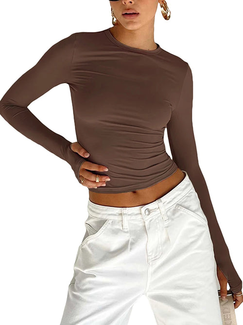 Women's Long Sleeve T-shirt - Solid Slim Fit Crew Neck Crop Top