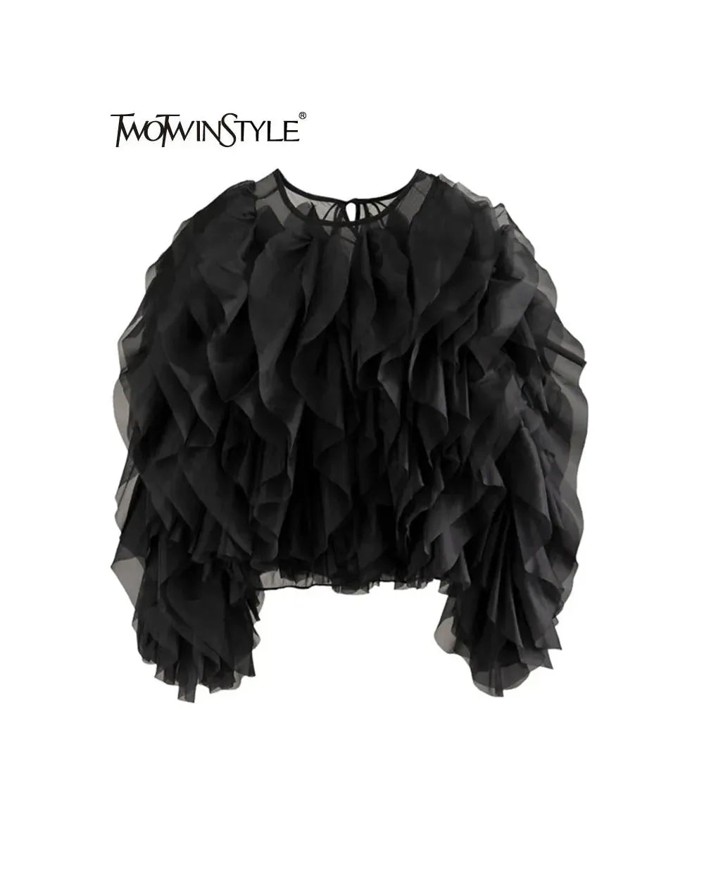 TWOTWINSTYLE Vintage Patchwork Ruffle Shirt – O Neck Lantern Sleeve