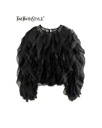 TWOTWINSTYLE Vintage Patchwork Ruffle Shirt – O Neck Lantern Sleeve