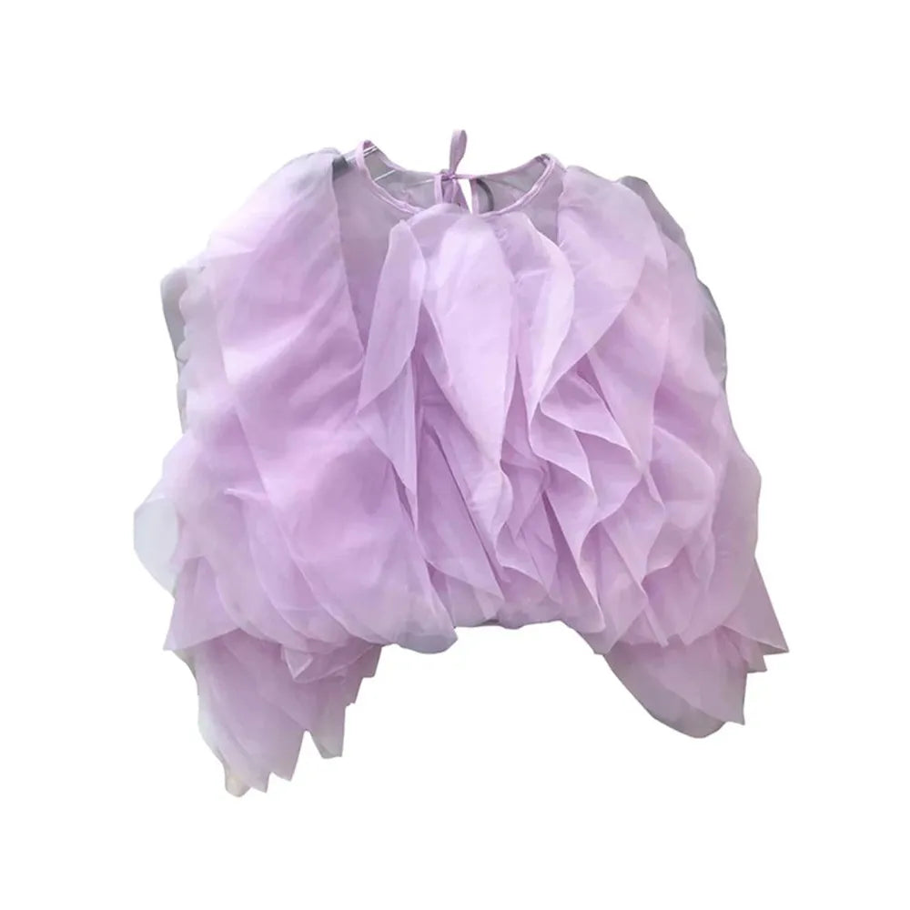 TWOTWINSTYLE Vintage Patchwork Ruffle Shirt – O Neck Lantern Sleeve