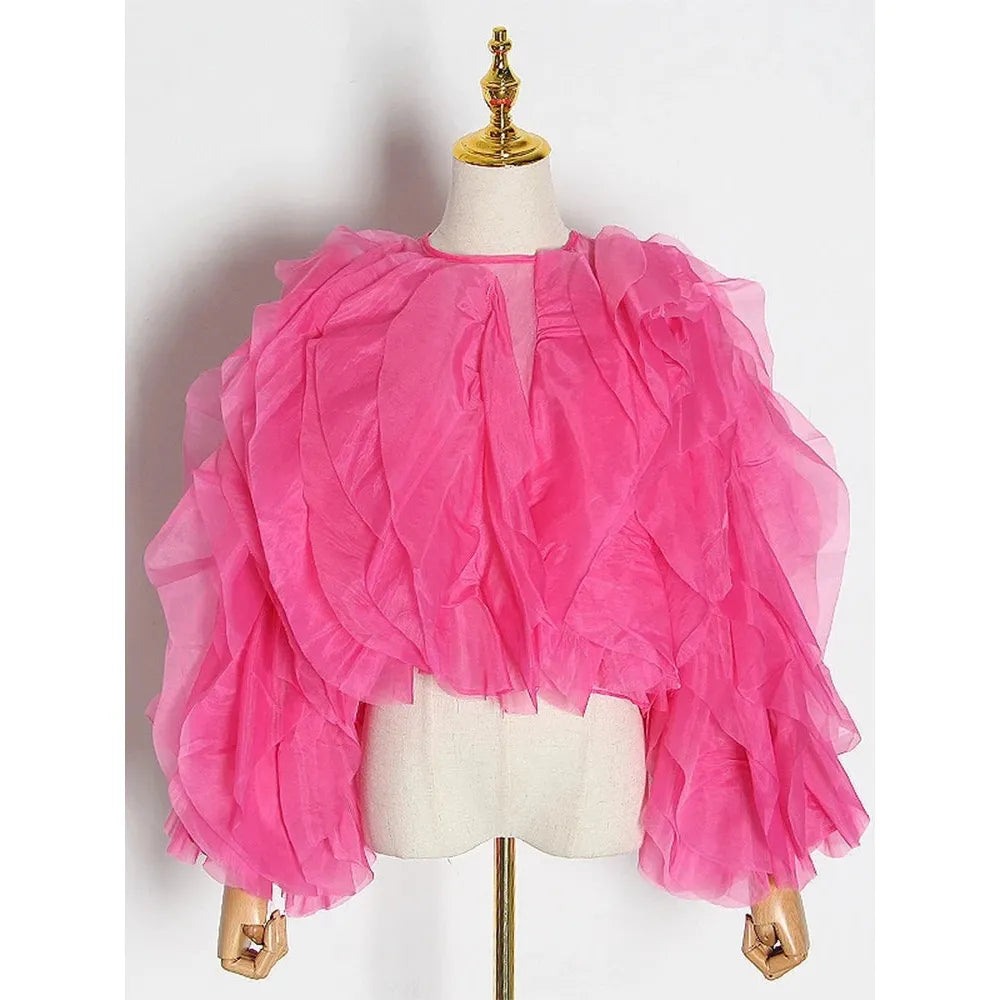TWOTWINSTYLE Vintage Patchwork Ruffle Shirt – O Neck Lantern Sleeve