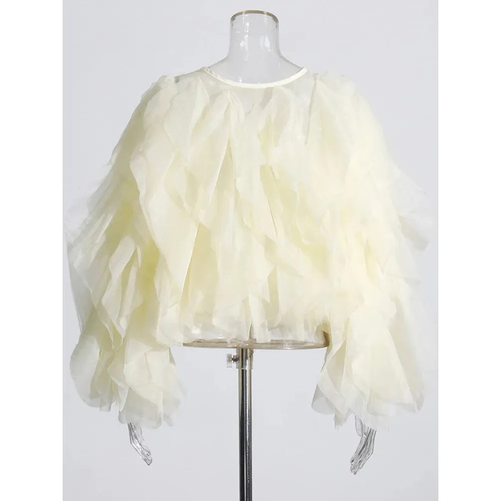 TWOTWINSTYLE Vintage Patchwork Ruffle Shirt – O Neck Lantern Sleeve