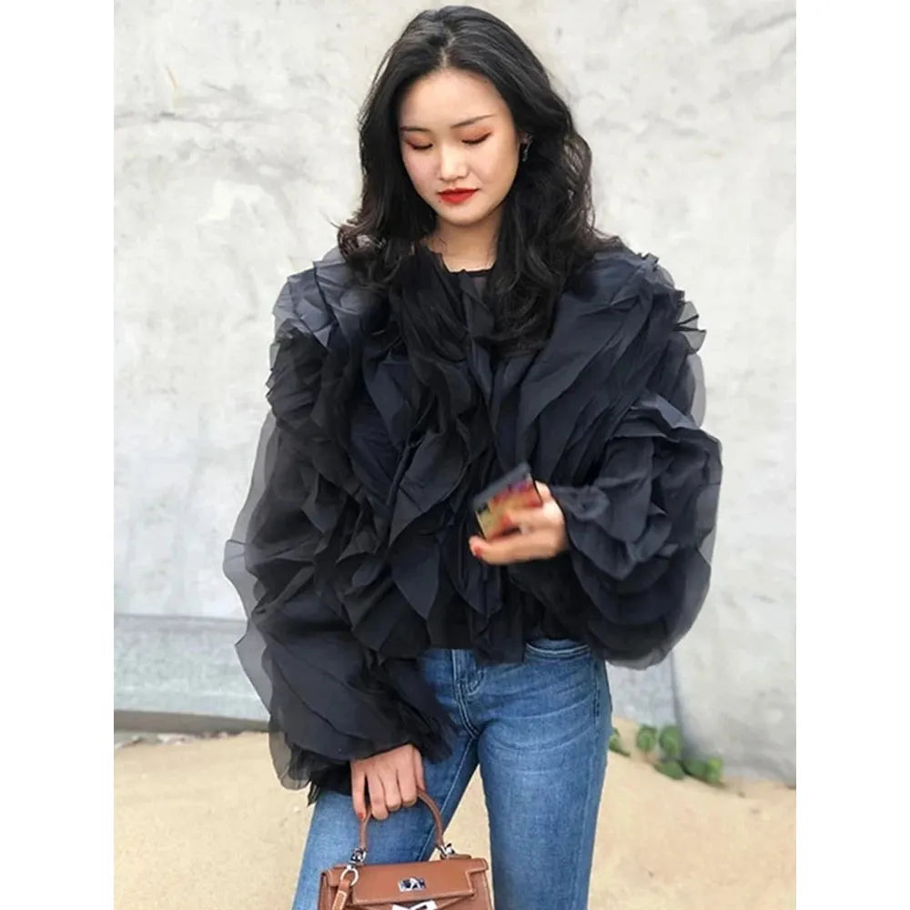 TWOTWINSTYLE Vintage Patchwork Ruffle Shirt – O Neck Lantern Sleeve