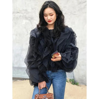 TWOTWINSTYLE Vintage Patchwork Ruffle Shirt – O Neck Lantern Sleeve