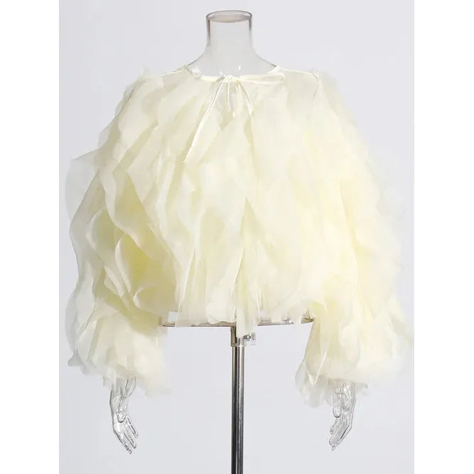 TWOTWINSTYLE Vintage Patchwork Ruffle Shirt – O Neck Lantern Sleeve