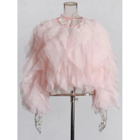 TWOTWINSTYLE Vintage Patchwork Ruffle Shirt – O Neck Lantern Sleeve