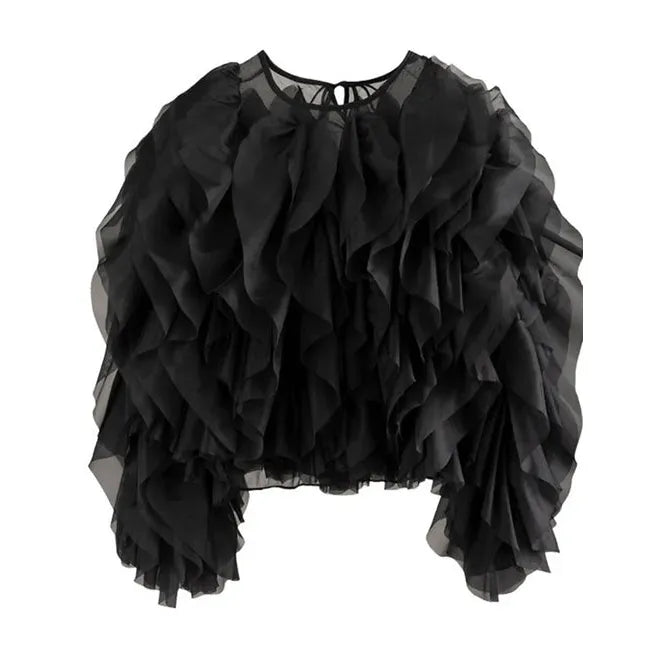 TWOTWINSTYLE Vintage Patchwork Ruffle Shirt – O Neck Lantern Sleeve