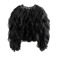 TWOTWINSTYLE Vintage Patchwork Ruffle Shirt – O Neck Lantern Sleeve