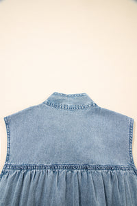 Real Teal Bowknot Neck Sleeveless Ruffled Chambray Dress - Modestly Vogue