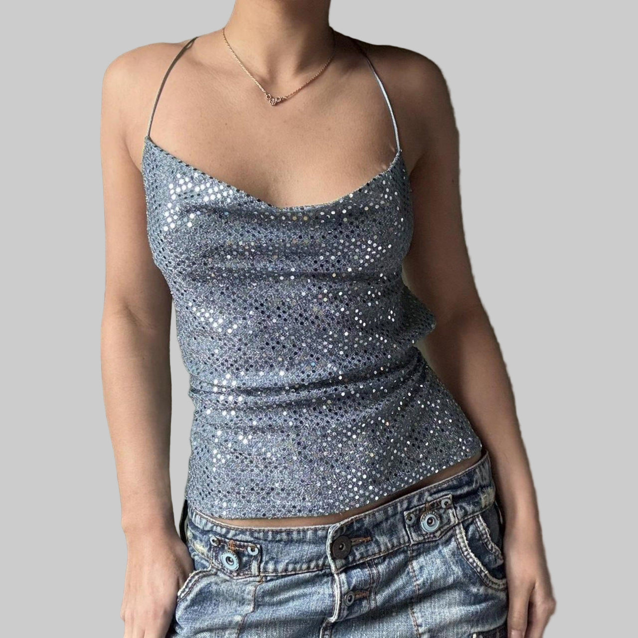 Blue Women’s Fall Bare Back Sequined Mini Halter Sleeveless Vest