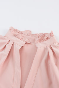 Pink Frilled Stand Collar Long Sleeve Ruffle Dress - Modestly Vogue