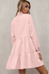 Pink Frilled Stand Collar Long Sleeve Ruffle Dress - Modestly Vogue