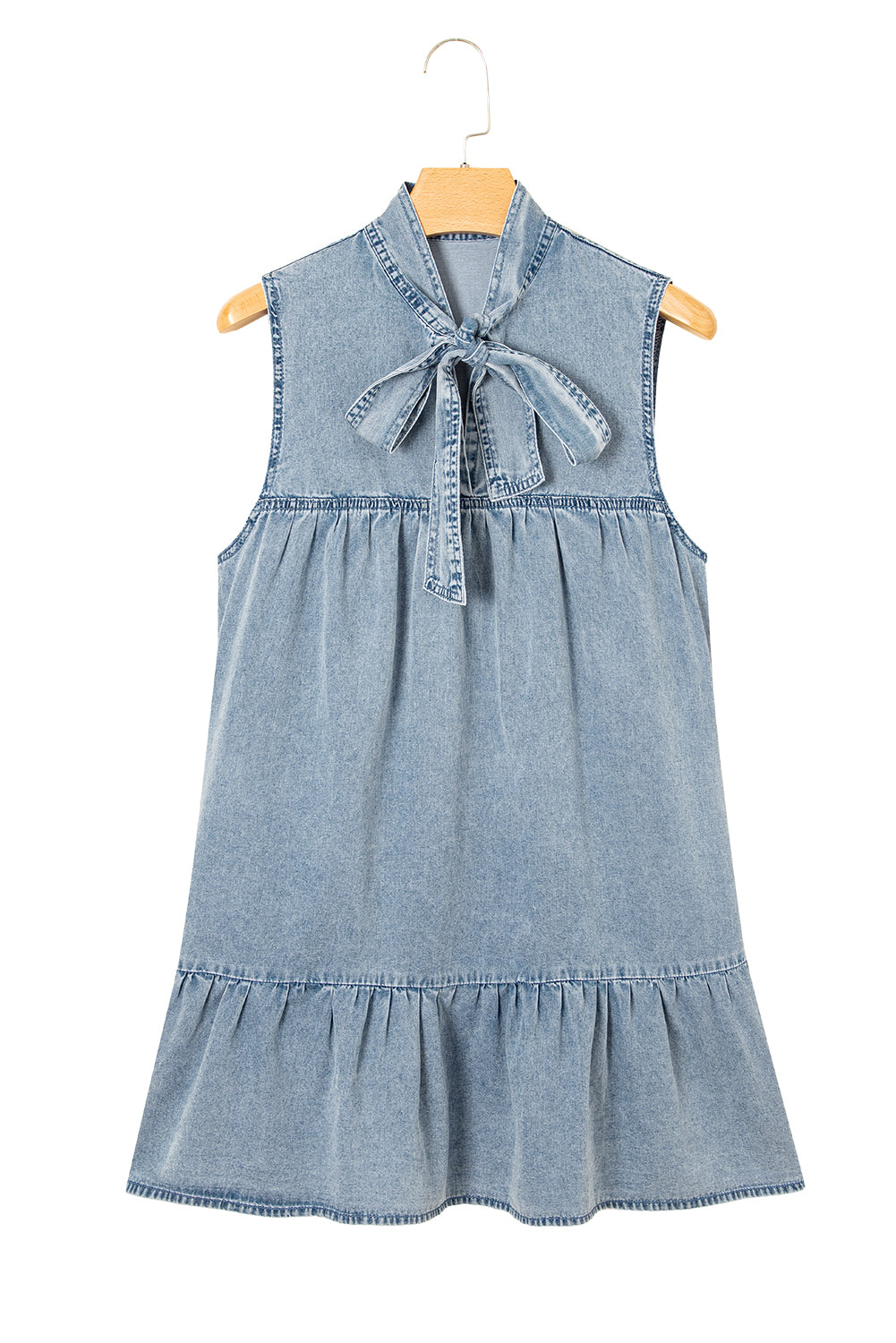 Real Teal Bowknot Neck Sleeveless Ruffled Chambray Dress - Modestly Vogue
