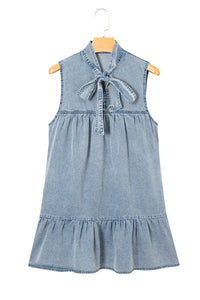 Real Teal Bowknot Neck Sleeveless Ruffled Chambray Dress - Modestly Vogue