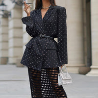 Spring Autumn Women Polka Dot Long Sleeve with Belt Blazer