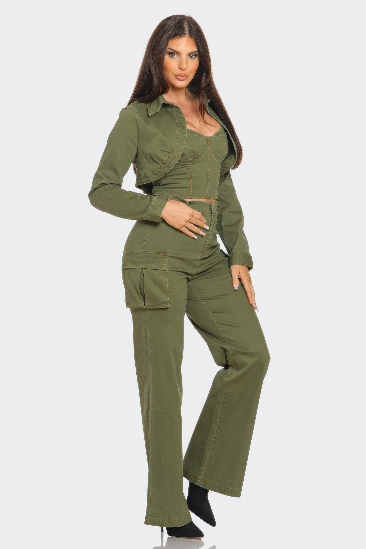 Denim Crop Jacket 3pcs Set - Modestly Vogue