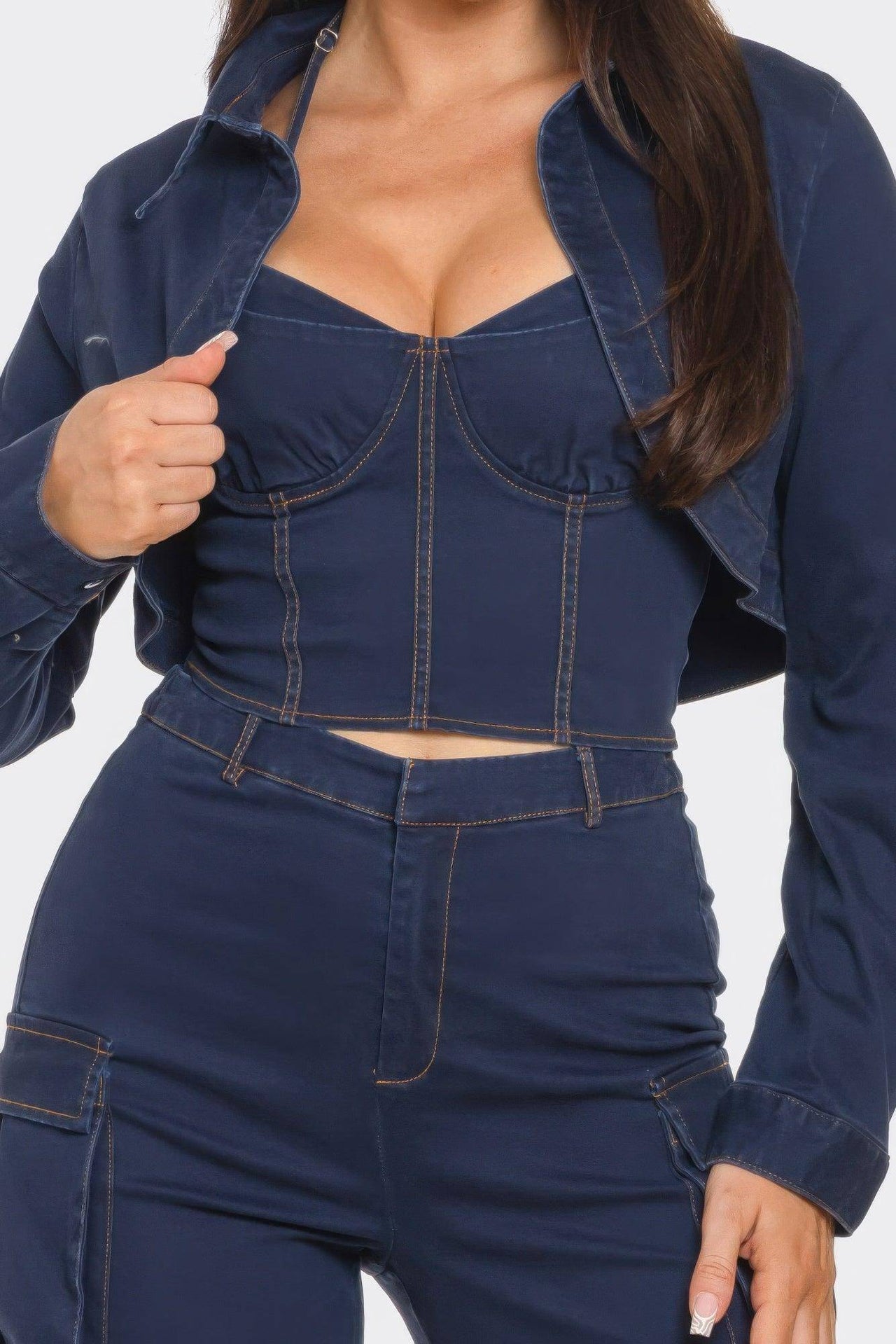 Denim Crop Jacket 3pcs Set - Modestly Vogue
