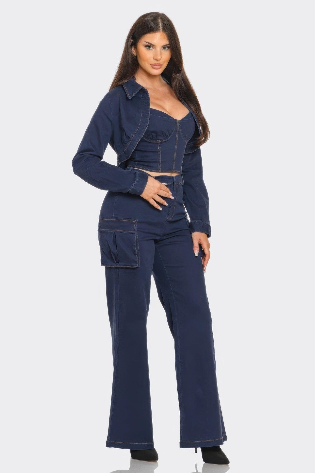 Denim Crop Jacket 3pcs Set - Modestly Vogue